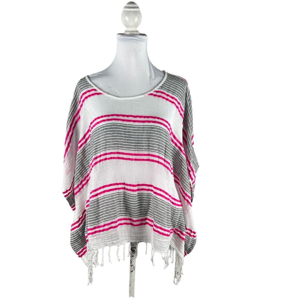 Fresh Produce Size L Gauze Fringed Poncho Blouse Cover Up Striped